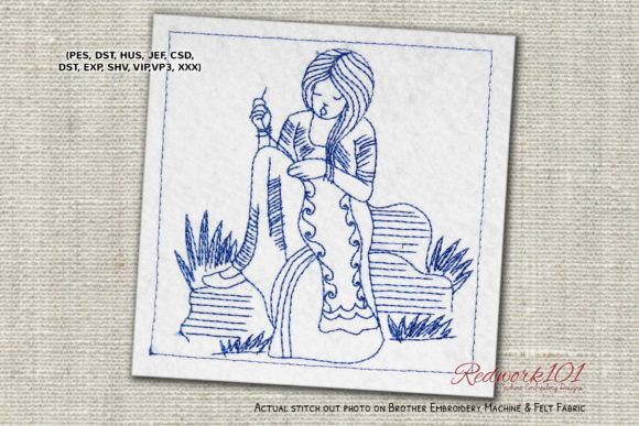 Reviewing Female Working on a Quilt Redwork for Holiday Sales